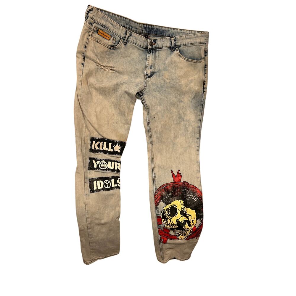 Watson Distressed Lite Wash Skull Patch Punk Jeans 40x33